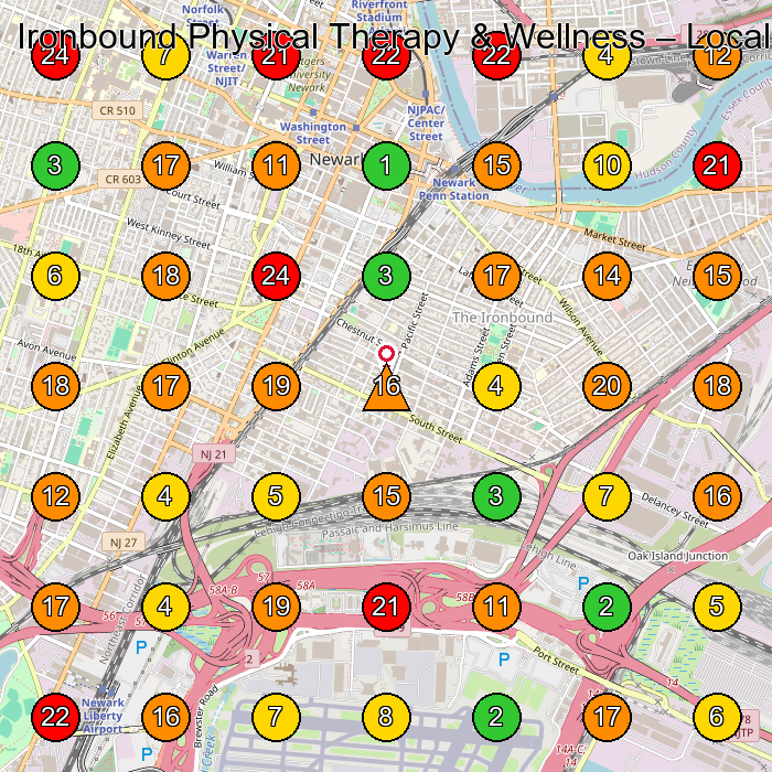 Ironbound Physical Therapy & Wellness Physical Therapy Clinic GeoGrid ranking map for Newark NJ